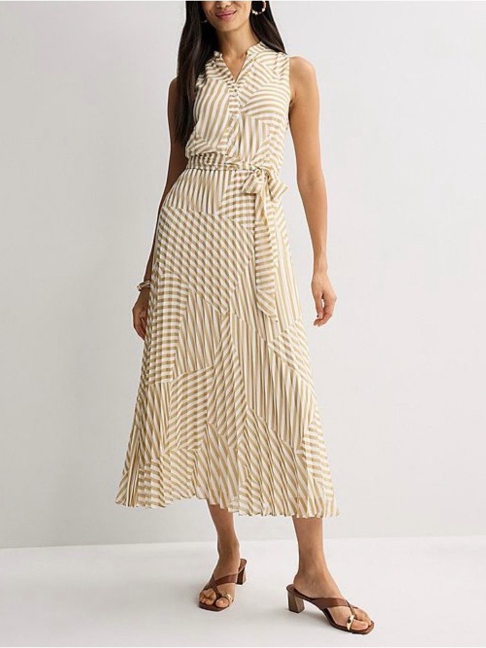 Sandra Darren Striped Sleeveless Maxi Dress in Beige and White